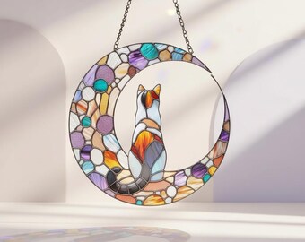 Cat On Moon Resin Suncatcher, Faux Stained Glass Window Hanging, Colorful Pet Lover Art Decor, Unique Crescent Moon Cat Gift