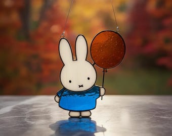Mi.ffy Bunny Suncatcher Faux Stained Glass Window Hanging, Cute Rabbit With Balloon Nursery Decor, Kids Room Art, Unique Baby Shower Gift