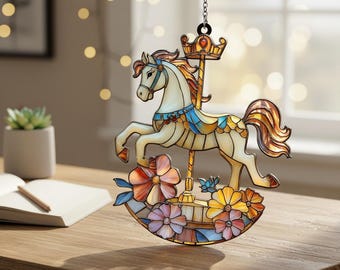 Faux Stained Glass Carousel Horse Resin Suncatcher, Colorful Acrylic Window Hanging, Merry-Go-Round Equestrian Decor Gift