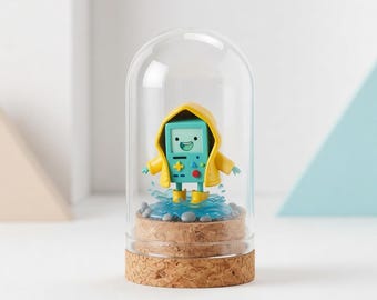 Adventure Time Bmo Miniature In Glass Dome | Handmade Bmo Figurine In Raincoat | Kawaii Desk Decor