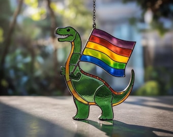 Cute Dinosaur Pride Flag Resin Suncatcher, Faux Stained Glass Window Hanging,  LGBTQ+ Dino Decor, Gift For Home Or Garden