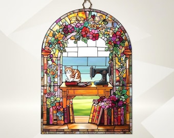 Cottagecore Faux Stained Glass Resin Suncatcher, Charming Cat And Books Window Panel, Sewing Machine Art, Vibrant Acrylic Decor Gift