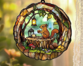 Squirrel Faux Stained Glass Resin Suncatcher, Forest Animal Window Decor, Rustic Woodland Acrylic Hanging, Nature Lover Gift