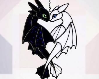 Night And Light Fury Suncatcher | Window Hanging Dragon | Love Faux Stained Glass Ornament