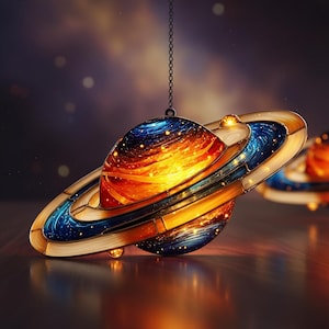 May include: A decorative Saturn-shaped ornament with a celestial design. The planet features a vibrant mix of orange, yellow, and blue hues, with a detailed ring system. It hangs from a chain, creating a captivating, space-themed decor piece.