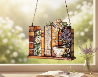Cozy Bookshelf Acrylic Resin Suncatcher, Faux Stained Glass Window Hanging, Book Lover Gift Cottagecore, Daisy Lavender Tea Cup