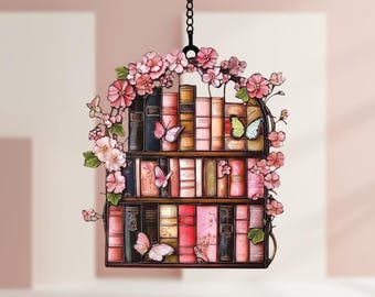Floral Bookshelf Resin Suncatcher, Butterfly Book Nook Decor, Literary Garden Window Hanging, Book Lover Gift, Aesthetic Room Decor