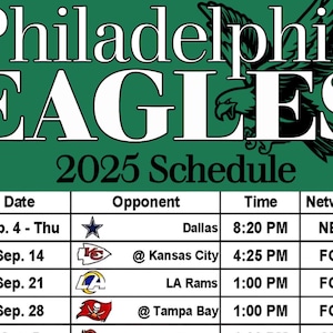 May include: A green graphic with the words "Philadelphia EAGLES" in white, along with a schedule for the 2025 season. The schedule includes dates, opponents, times, and network information for upcoming games.