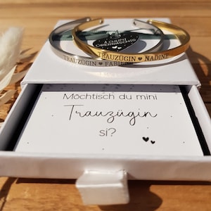 Trauzeugin fragen, Geschenkbox, Armreif silber oder gold, personalisierte Gravur, Eukalyptus