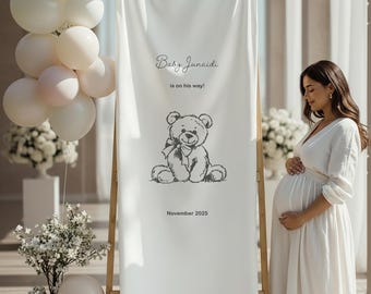 Niestandardowy znak na baby shower z misiem, Materiałowy znak na baby shower, Znak „Witaj, Maluszku”, Dekoracje na baby shower z misiem, Znak powitalny na baby shower,