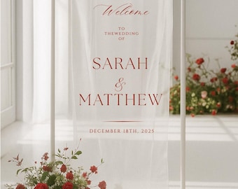 May include: A white wedding welcome sign with red text. The sign reads "Welcome to the wedding of Sarah & Matthew, December 18th, 2025." The sign is on a white metal frame, with red roses and greenery at the base.