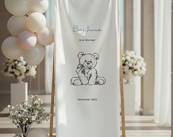 Niestandardowy znak na baby shower z misiem, Materiałowy znak na baby shower, Znak „Witaj, Maluszku”, Dekoracje na baby shower z misiem, Znak powitalny na baby shower,