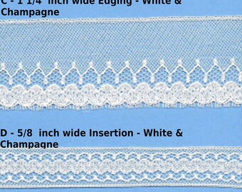 Matching French Maline Cotton Lace Insertion, Beading and Edging - Available in White and Champagne - Heirloom Sewing - Doll Dress Supplies