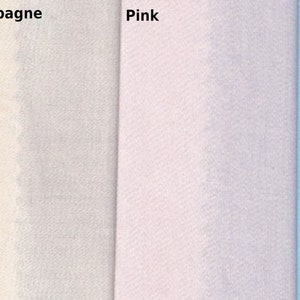 May include: Four fabric swatches in different colors: white, champagne, pink, and blue. The swatches are arranged horizontally.