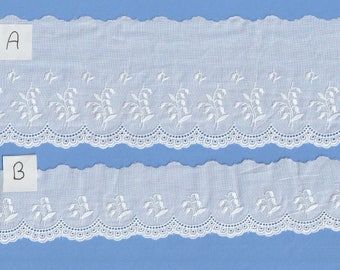 Scalloped White Swiss Batiste Edging Embroidered With Flowers  - Heirloom Sewing - Doll Dress Supplies