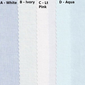 May include: Four fabric swatches in different colors: white, ivory, light pink, and aqua. The swatches are arranged side-by-side and have a slightly scalloped edge.