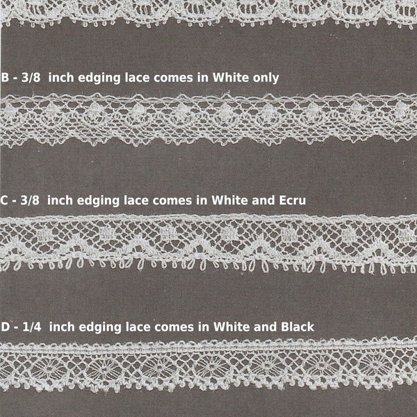Narrow French Cotton Lace Edging in White, Lt Ecru, and Black - Heirloom Sewing - Doll Dress Supplies