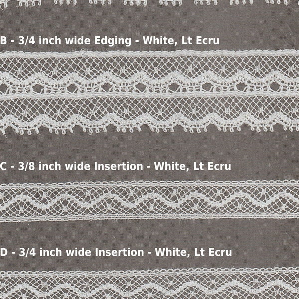Matched French Cotton Lace Edging and Insertion in White, Lt Ecru, and Black - Heirloom Sewing - Doll Dress Supplies