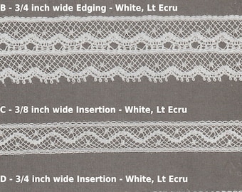 Matched French Cotton Lace Edging and Insertion in White, Lt Ecru, and Black - Heirloom Sewing - Doll Dress Supplies