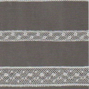 May include: White lace trim with a delicate floral pattern. The lace is woven in a fine mesh with small, evenly spaced holes.