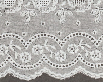 White on White Embroidered Roses - 27 Inch Swiss Batiste Flounce - Scalloped Flounce - 100 Percent Cotton - Heirloom Sewing