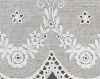 White Flowers and Entredeux Scallops on White 27 Inch Wide Swiss Batiste Flounce - 100 Percent Cotton - Heirloom Sewing