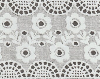 White on White Embroidered Flowers and Entredeux - 27 Inch Swiss Batiste Flounce - Scalloped Flounce - 100 Percent Cotton - Heirloom Sewing