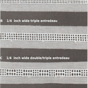 May include: Close-up of three different types of entredeau. The first is 1/8 inch wide double entredeau. The second is 1/4 inch wide triple entredeau. The third is 1/4 inch wide double/triple entredeau. All are white with a dotted pattern.
