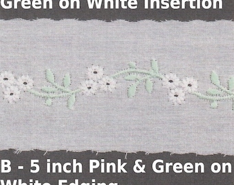 Lt Pink and Lt Green on White Swiss Batiste Embroidered Insertion and Wide Edging - Scalloped Swiss Batiste Edging with Hearts