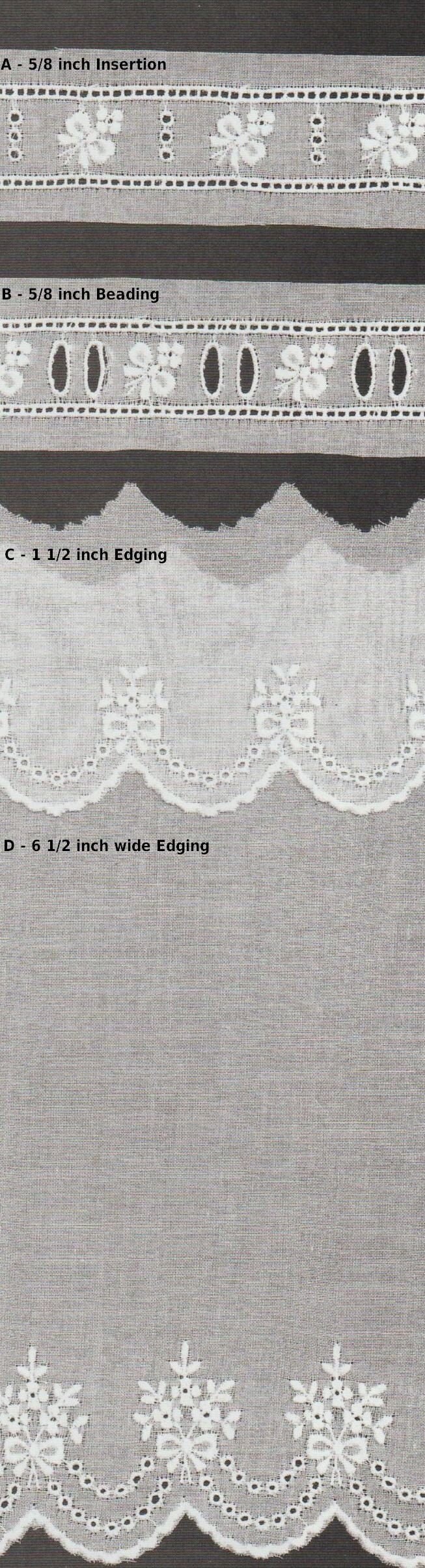 Bows and Flowers Swiss Batiste Embroidery -  Matching Beading and Insertion with Two Scalloped Edgings- Doll Dress Making - Heirloom Sewing
