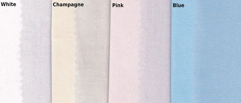 May include: Four fabric swatches in different colours: white, champagne, pink, and blue. The swatches are arranged horizontally.