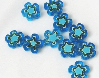 Blue on Blue Glass Cane Flower Beads - Blue Glass Beads