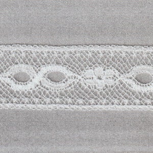 May include: A close-up of a white lace trim with a delicate floral pattern. The lace is against a light gray background.