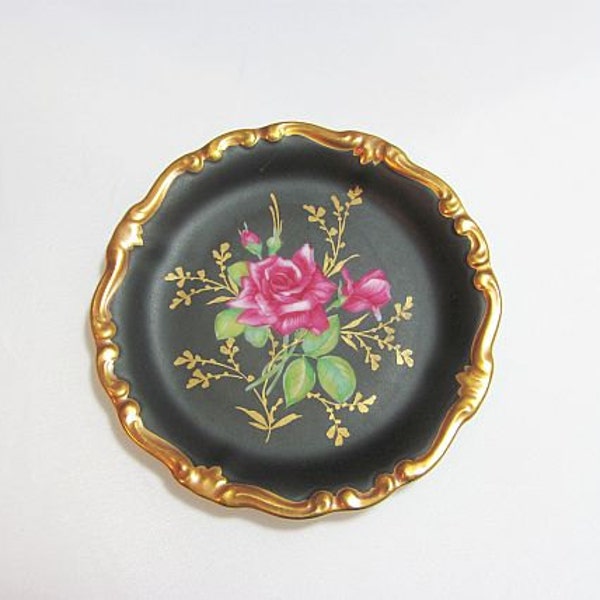 Rosenthal Small Plate - Red Roses on a Black Background - Pompadour With Gold Edges