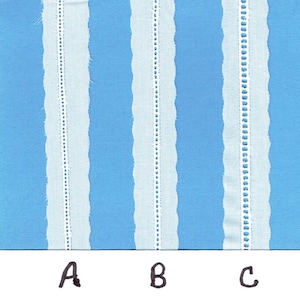 May include: Close-up of three fabric samples with different stitching patterns. The samples are white with blue stripes and labeled A, B, and C.