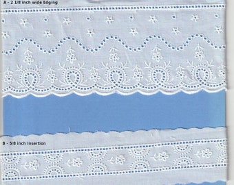 Matching Embroidered Swiss Batiste Entredeux Edged Insertion, and 2 1/8 inch Edging - Heirloom Sewing - Doll Dress Supplies
