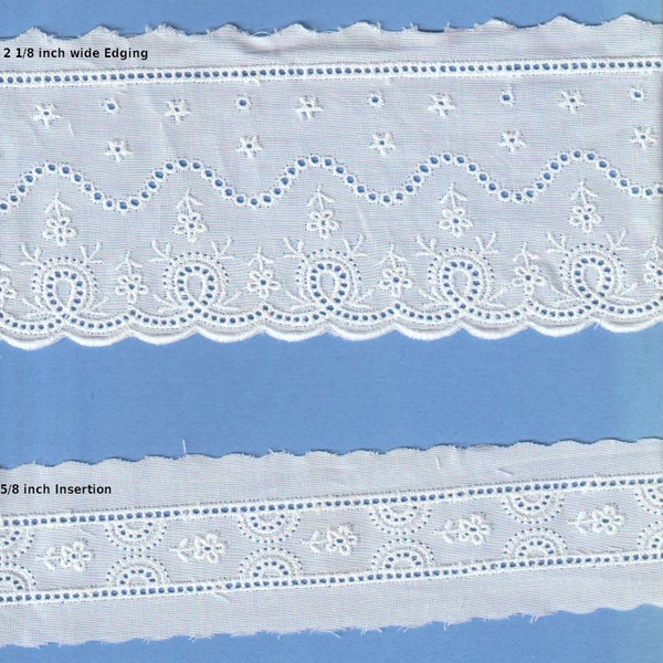 Matching Embroidered Swiss Batiste Entredeux Edged Insertion, and 2 1/8 inch Edging - Heirloom Sewing - Doll Dress Supplies