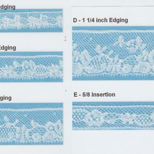 May include: Five samples of white lace trim, labeled with their size in inches. The samples are arranged in two rows of two, with the fifth sample below the rightmost sample. The samples are on a light blue background.