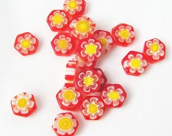 Glass Beads - Orange and Yellow Glass Cane Flower Beads - Glass Cane Beads