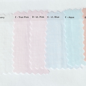 May include: Swatch cards showing seven different fabric colors: white, ivory, true pink, light pink, light blue, aqua, and peach.