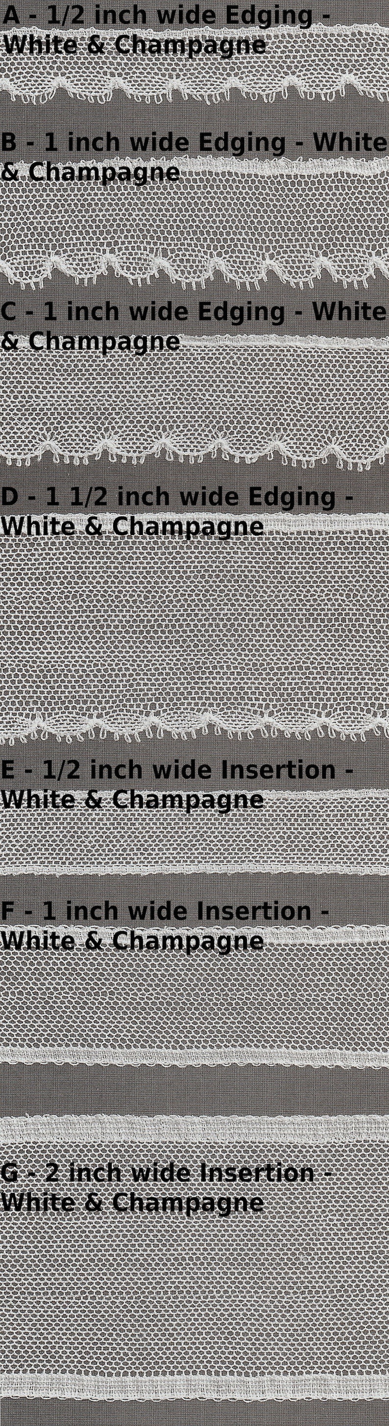May include: A close-up of seven different types of white and champagne colored lace trim. The trim is labeled with letters A through G and the width of each trim is listed in inches. The trim is shown against a gray background.