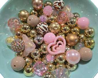 Gumball Beads / Chunky Round Bead Mix / Pink Rose Gold Variety Acrylic Jewelry 30 Count
