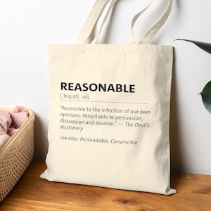 Bolsa de lona de algodón con definición sarcástica de "razonable": Bolsa de compras reutilizable del Diccionario del Diablo