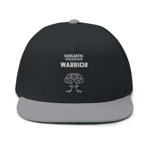 May include: A black flat-brimmed baseball cap with a gray brim and a gray button on top. The cap features the text "SARCASTIC WORRIER WARRIOR" above a brain graphic.