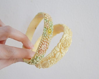 1930s Celluloid floral cream bangles, 20s 30s pastel coloured bracelet, 1920s early plastic jewelry