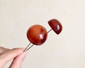 1930s Tortoiseshell bakelite carved hat pins 30s 40s pair of marbled rootbeer Catalin large domed stick pins
