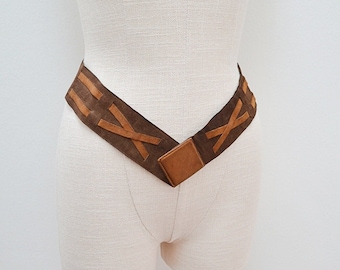 1930s Brown suede wide belt, 30s appliqué woven wide belt, Art Deco accessory - M L XL