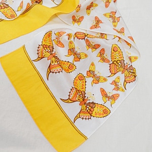 1970s Butterfly print long scarf, 70s Novelty printed sash belt headscarf, Faux silk bright accessory