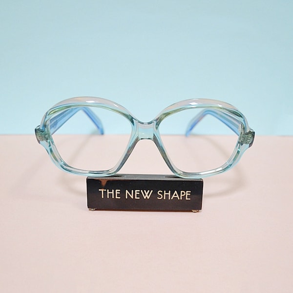 1970s Blue transparent deadstock unusual eye glasses frames , 70s 80s Okula clear light turquoise avant garde spectacles
