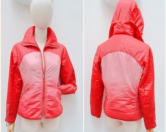 1970s Pink ombre ski jacket, 70s lightly padded spring coat, Removable hood zipped skiwear - S M